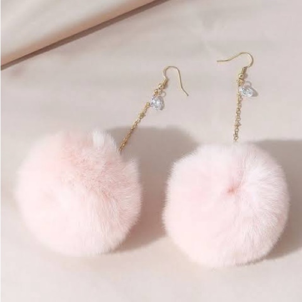 Delicate Pink Pom Pom Drop Earrings - Women Jewelry